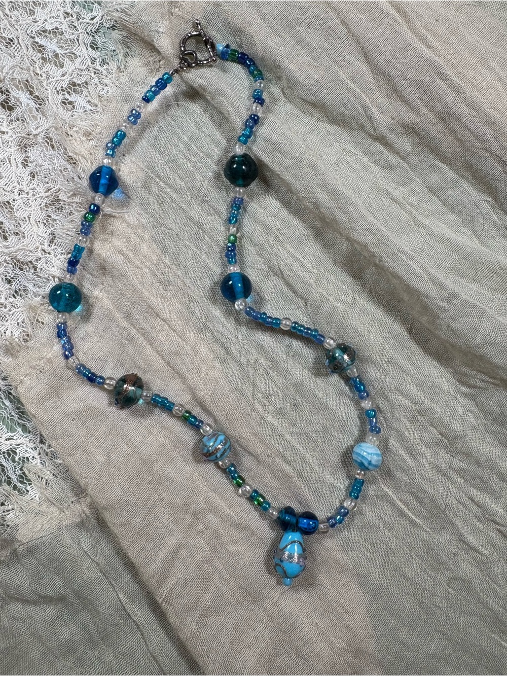 Blue Glass Bead Necklace with Toggle Clasp - Handmade